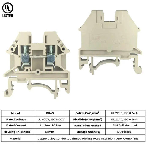 DK4N DIN Rail Terminal Block Screw Type UL 600V 30A 10-22AWG Pack Of 100, front and rear view