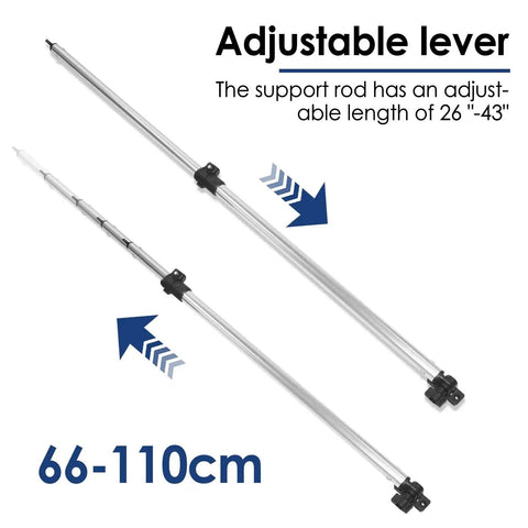 Two adjustable aluminum Bimini top rear support poles; angled view with clamps, 66–110 cm extension