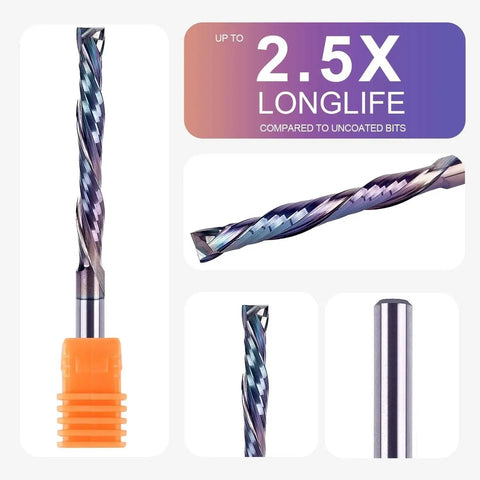5 Pack Compression Spiral Router Bits 1/8 Inch Shank 1 Inch Cutting Length Up Down Carbide CNC Router Bit For Wood Slotting And Trimming With Tac Extreme Tool Life Coating SpeTool showing bit details and longevity
