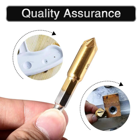 Close-up of a Countersink Deburring Drill Bit Set For Wood, Metal, Fiberboard, Plywood, Plastic, PVC, 6 pcs, 90 degree, showing titanium coating