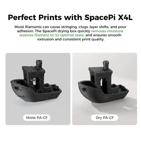 Comparison of two 3D printed boat models, one with moist PA-CF filament and one dry, demonstrating the effect of a filament dryer box.