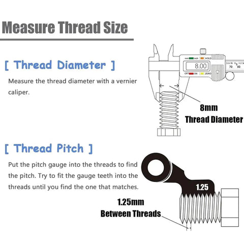 Diagram showing how to measure thread diameter and pitch with a caliper and gauge for Heavy Duty M8 Helicoil Thread Repair Kit.