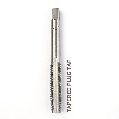 Close-up of tapered plug tap from Ultimate 60 Piece Master Tap And Die Set With Inch Sizes From Four To One Half Inch And Metric M3 To M12