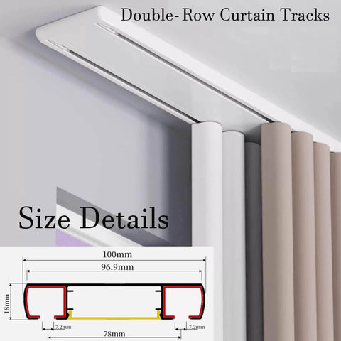 Double-row curtain track system for sheer blackout, featuring heavy-duty aluminum and nano quiet rollers for smooth operation.
