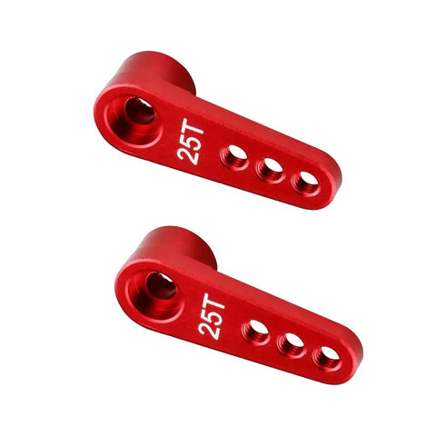 Red metal 25T servo horn pair with four M3 threaded holes for RC servos