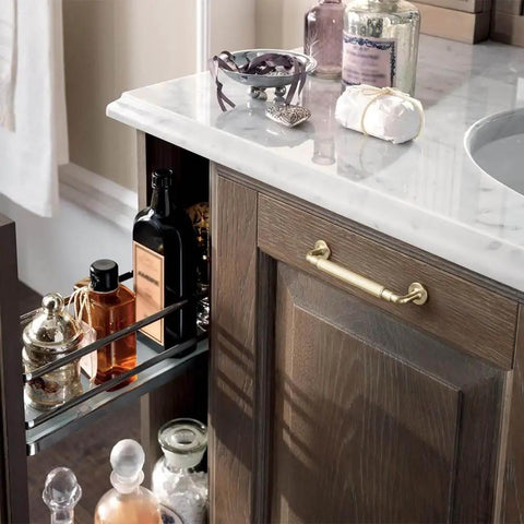 Champagne Bronze Reeded Cabinet Pulls Six Pack 5 Inch Sleek Modern Textured Drawer Handles on dark wood cabinet