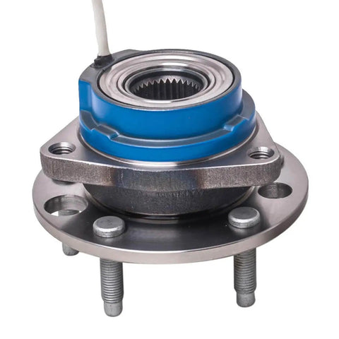 Front Wheel Hub And Bearing Assembly For 5 Lug Vehicles With ABS Compatible With Buick Allure Century close-up view with blue ABS sensor