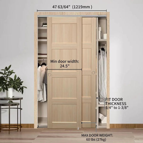 Bypass Sliding Door Hardware 48 Inch Track Set For Two Door Closet System Smooth Quiet Operation Heavy Duty Galvanized Steel Wardrobe Door Track Kit Adjustable Fit For Custom Openings Durable Wear Resistant Easy To Install installed view with wooden doors and measurements shown.