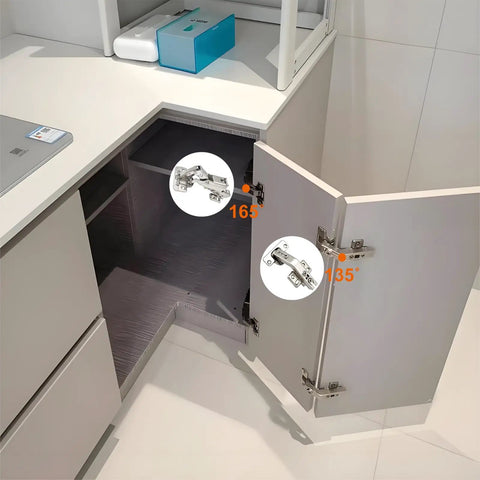 165 Degree Soft Close Cabinet Hinges 2 Pack For Frameless Kitchen Cabinets, Lazy Susan Corners, Folding Doors, Corner Cabinets And Wardrobes, Heavy Duty Cold Rolled Steel Hardware By JinBoCheng installed on a corner cabinet.