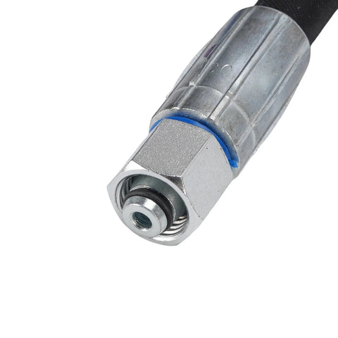 Hydraulic hose fitting for excavator diverter valve, hex nut end with blue O-ring on braided metal hose