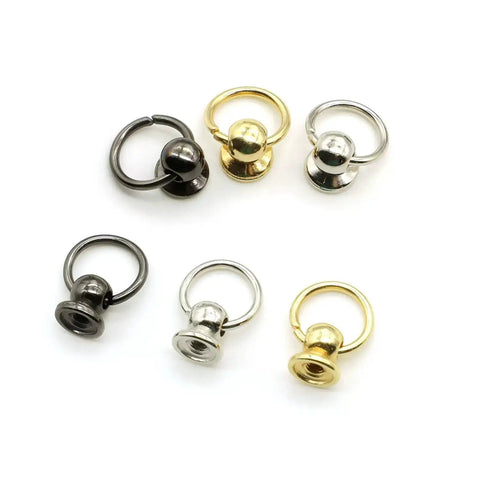 120 Pcs Screwback Round Head Rivets With Pull Ring Studs For DIY Leather Craft shown in black, gold, and silver, 8mm Zinc Alloy Hardware.