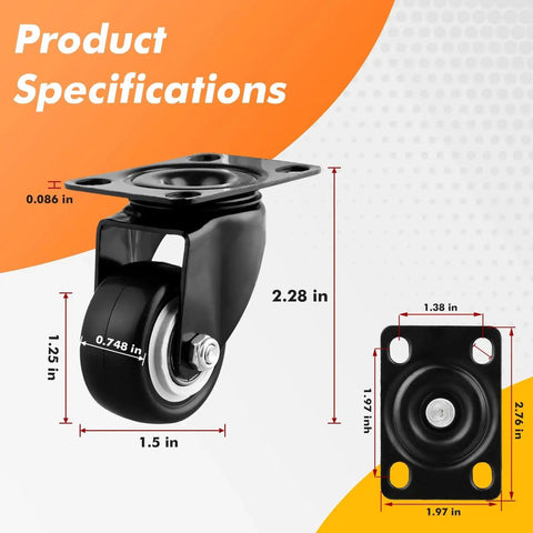 Heavy Duty One And A Half Inch Caster Wheels Set Of Eight No Brake PU Wheels Double Ball Bearing Swivel Casters product specifications