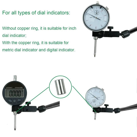 Magnetic Base Stand For Dial Indicator With 176 Lbs Max Pull And Fine Tuning Adjustment on display with dial indicators