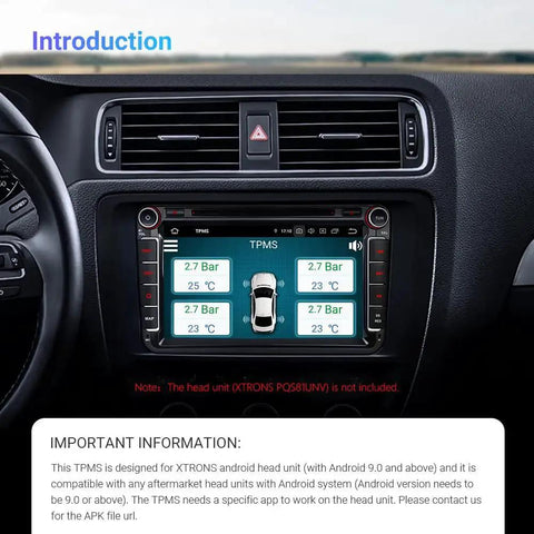 XTRONS TPMS tire pressure monitoring system installed in car dashboard Android head unit display