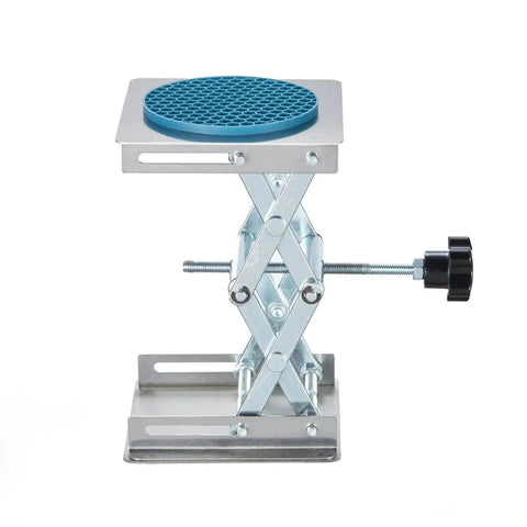 Side view of a Non Slip Lab Scissor Jack Stand 4x4 Inch Platform Stainless Steel 50 To 160mm with blue non-slip base.