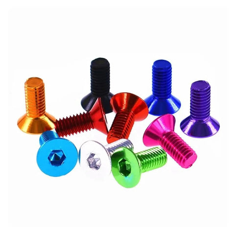 Assorted colored hex socket countersunk screws, including M3 Aluminum 7075 Hex Socket Countersunk Screws Set 6 To 18mm Red 10 Pieces.