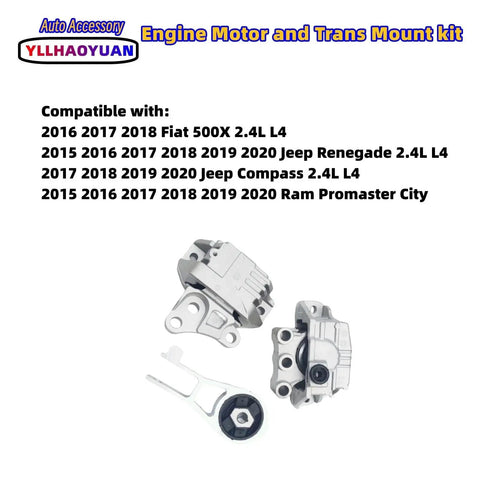 Set of 3 Motor Mounts for Fiat 500X Jeep Renegade Compass and Ram ProMaster City 2.4L 2015 to 2020 Replaces Hydraulic Mounts