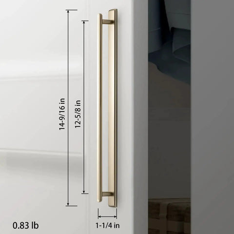 Side view of Champagne Bronze Cabinet Pull with Escutcheon Backplate 12-5/8 Inch Center installed on a cabinet.