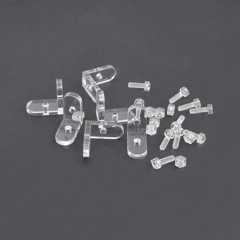Clear Acrylic L Shaped Corner Brackets 20 pack with screws for DIY shelf setup and furniture corner joint 90 degree right angle braces.