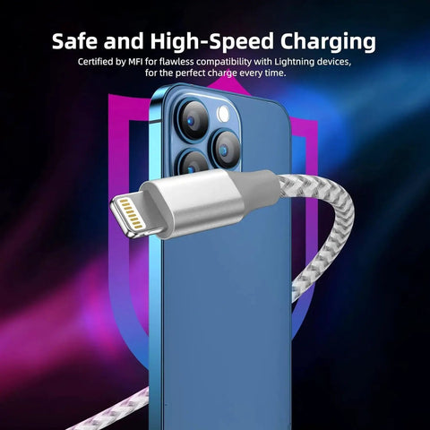 MFi Certified Lightning Cable 3 Pack Nylon Braided 10 Ft Fast Charge For iPhone close-up connecting to iPhone