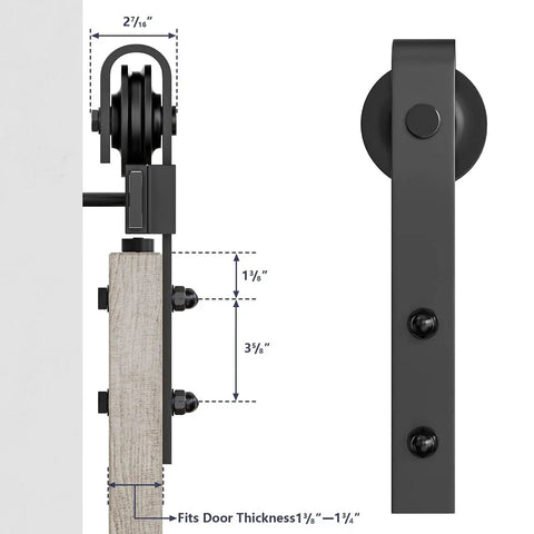 Sliding Barn Door Hanger Rollers Set Of Two For All Barn Door Hardware Kits, J-Shape Hangers shown in black steel, side view.
