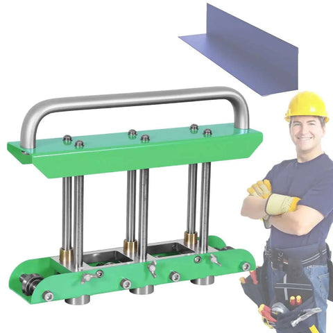 One Station Disc Sheet Metal Bender for Roof Flashing, Rain Diverter and Drip Edge, shown with operator and sample fold.