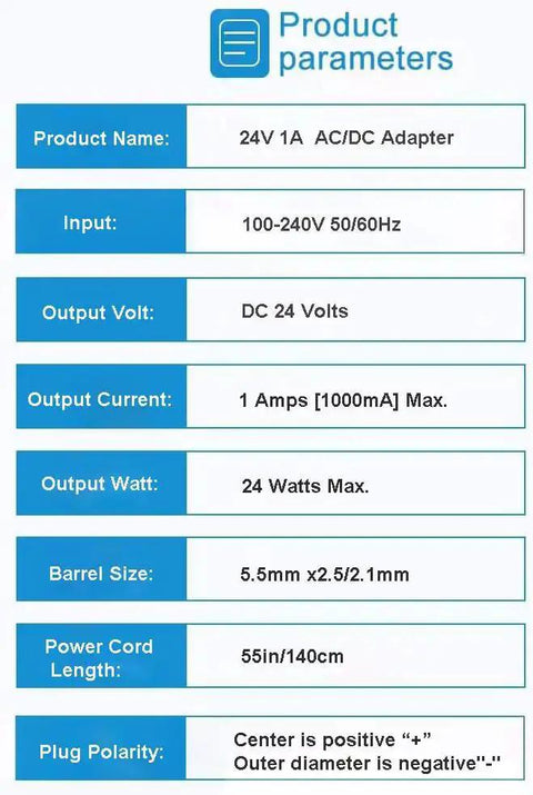 24V 1A Power Supply Adapter 100-240V AC To DC 24V 1A 24W Converter product parameters and specifications details sheet