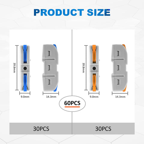 HTCELLE lever wire connectors, 60-piece quick connect kit, multicolored levers for 28-12 AWG inline terminals.