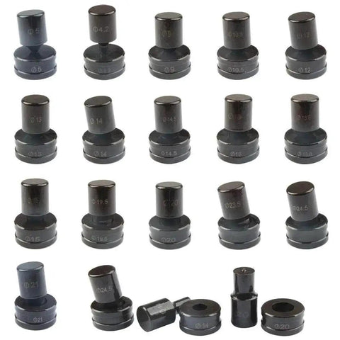 Set of hydraulic round punch dies for CH-70 with sizes from 4.2mm to 25mm, designed for metal fabrication and DIY projects.
