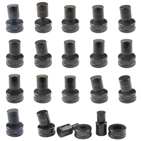 Set of die sizes for Hydraulic Round Hole Punch 10mm with black metal handle, including ranges CH-70 from 4.2mm to 25mm, durable steel.
