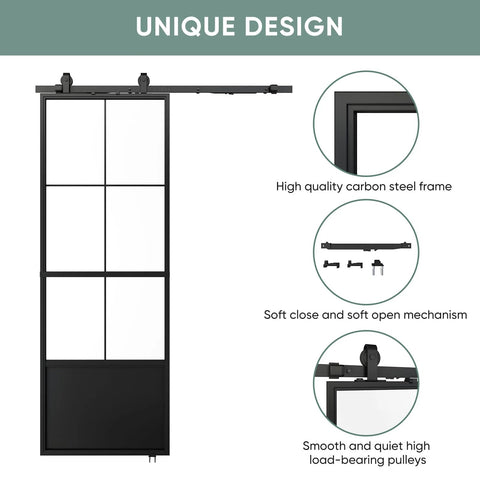 30 Inch By 84 Inch Frosted Tempered Glass Sliding Barn Door With Pre Drilled Carbon Steel Frame Includes 5ft Hardware Kit