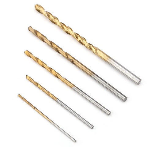 Five drill bits from 50 Piece High Speed Steel Twist Drill Bit Set With Straight Shank For Metal Wood Plastic DIY Drilling Projects