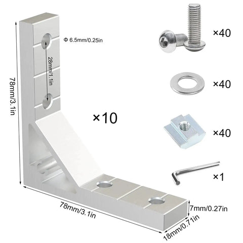 Heavy Duty L Shape Corner Brackets Kit For Aluminum Extrusion Frames with 40 M5 nuts, screws, gaskets, and wrench, zinc alloy.