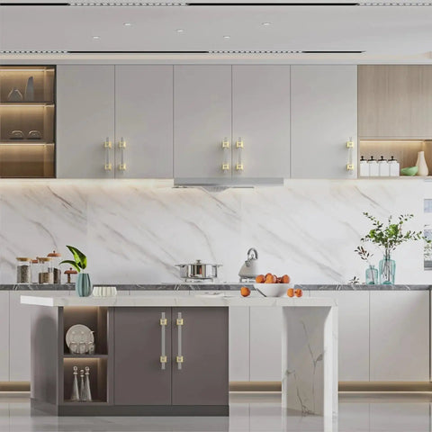 Modern kitchen with 5 Inch Brushed Satin Nickel and Gold Cabinet Handles installed on grey cabinets, showcasing two-tone finish and sleek design.