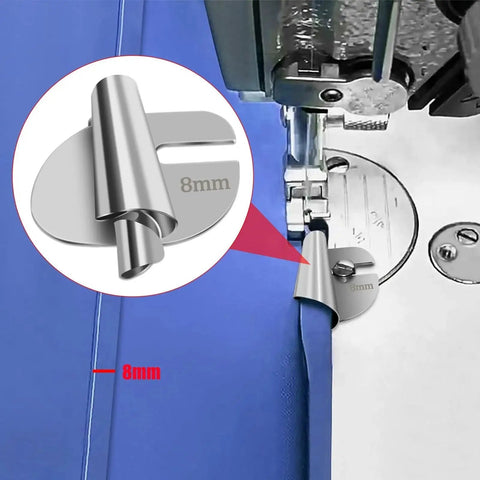 Close-up of TOOVREN rolled hemmer foot set, 4-pack, 8mm shown, stainless steel for home sewing machines.