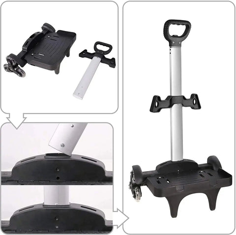 Foldable Aluminum Alloy Wheeled Trolley with Edge Guard and Six Wheels, lightweight design, shown in assembly stages.