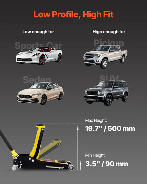 Low Profile 3 Ton Racing Floor Jack With Dual Pistons Aluminum Steel Quick Lift showing max and min height for cars