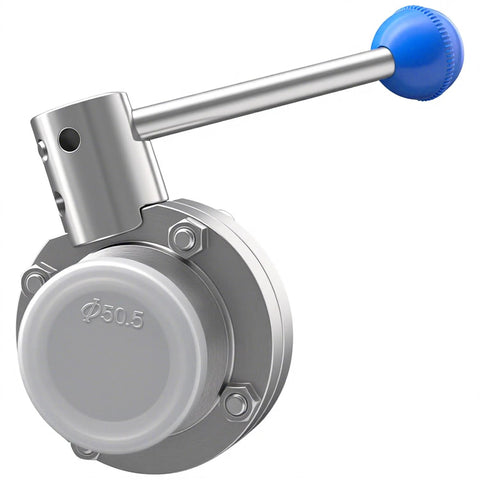 Sanitary butterfly valve with pull handle, 1.5 inch, 304 stainless steel tri-clamp, blue knob