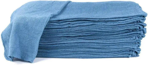 Stack of Blue 12x14 Inch Shop Towels Set Of 50 Reusable 100 Percent Cotton Cleaning Cloths for auto shop and industry use.