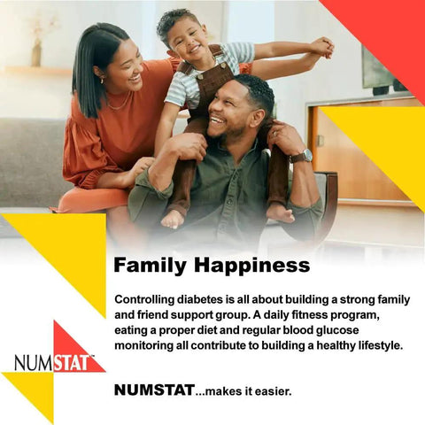 Happy family with child at home, promoting NumStat as part of diabetes support for healthy lifestyle and fitness program.