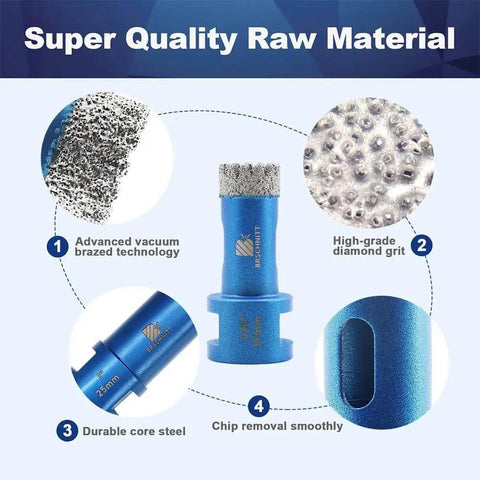 1-1/2 Inch Vacuum Brazed Diamond Core Hole Saw Drill Bit showing diamond grit, core steel, and chip removal feature