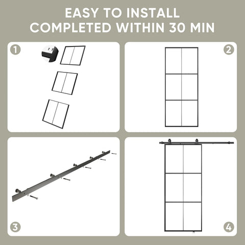 Installation steps for 36x84 Inch Glass Sliding Barn Door Kit With 6Ft Hardware Black Aluminum Frame Clear Tempered Glass 3 Panel