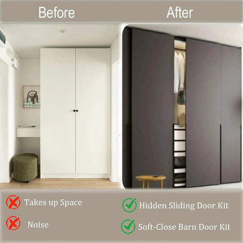 Before and after comparison of closet with 48 Inch Concealed Sliding Barn Door Hardware Kit For Interior Wooden Doors