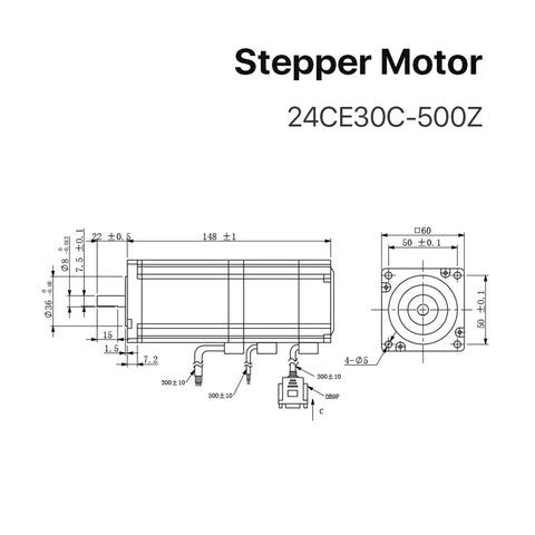 NEMA 24 closed-loop stepper motor with brake; side and front blueprint views showing wiring and mounting holes.
