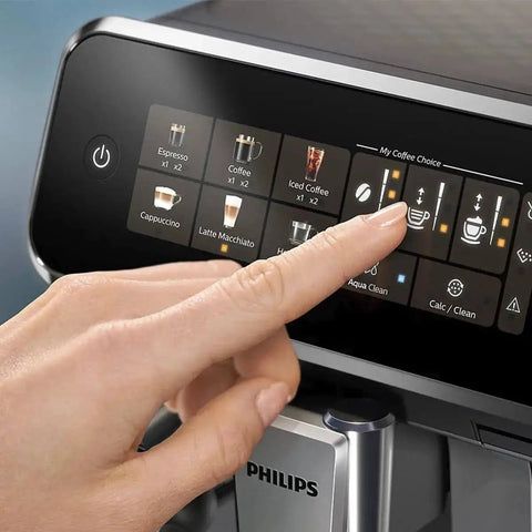 Touching the display of a Fully Automatic Espresso Machine With LatteGo Milk System For Pro Grade Silky Froth And 5 Coffee Varieties Intuitive Touch Display SilentBrew 100 Percent Ceramic Grinder AquaClean Filter Glossy Black