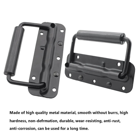 Two Pack Spring Loaded Chest Handle Pulls With Rubber Grip Surface Mount For Chests Trunks Crates And Storage Boxes Heavy Duty Thickened 2mm Iron Hardware Built To Last And Ready For Rough Indoor Outdoor Use, front view showing black iron handles.