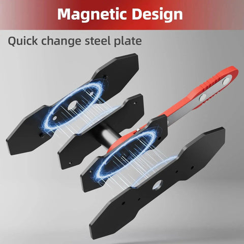 MAYESAR brake caliper piston compressor tool with red handle and two steel plates, angled view