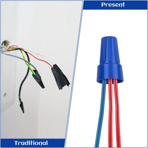 180-piece insulated wire connectors with spring, blue twist-on caps for quick electrical connections.