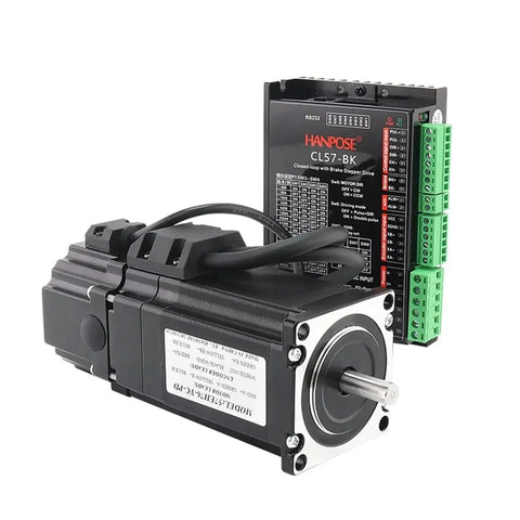 NEMA23 servo motor with HANPOSE CL57-BK closed-loop driver and green terminal blocks.