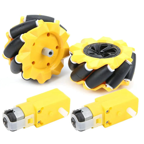 Mecanum Wheel Omnidirectional Robot Wheel For TT Motor 80mm With Rubber Coated Surface in yellow and black ABS, shown with motors